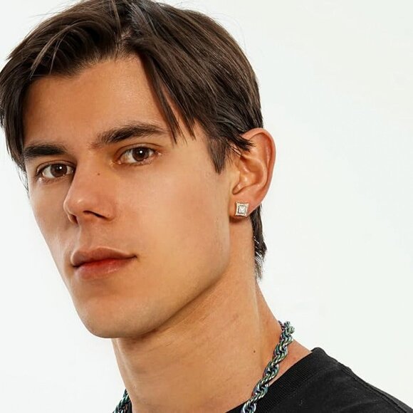 Small 3D Yellow Gold Plated Hip Hop Screw Back Iced Cz Mens Square Earrings - Picture 3 of 6